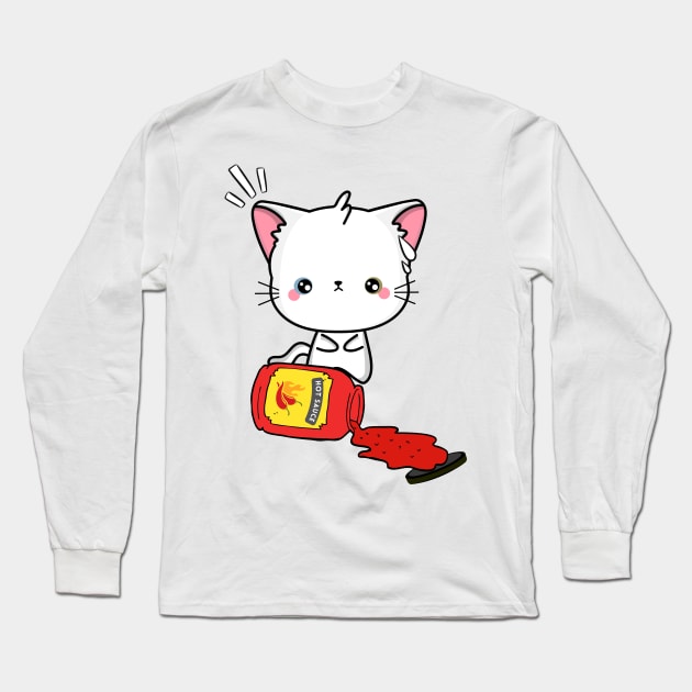Funny White Angora Cat Spilled Hot Sauce Long Sleeve T-Shirt by Pet Station
